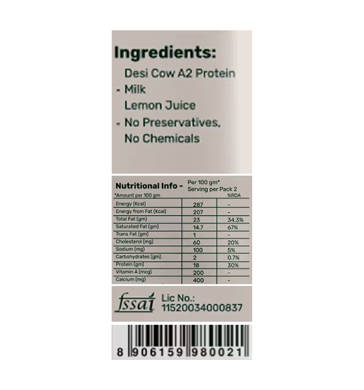 A2 Paneer label